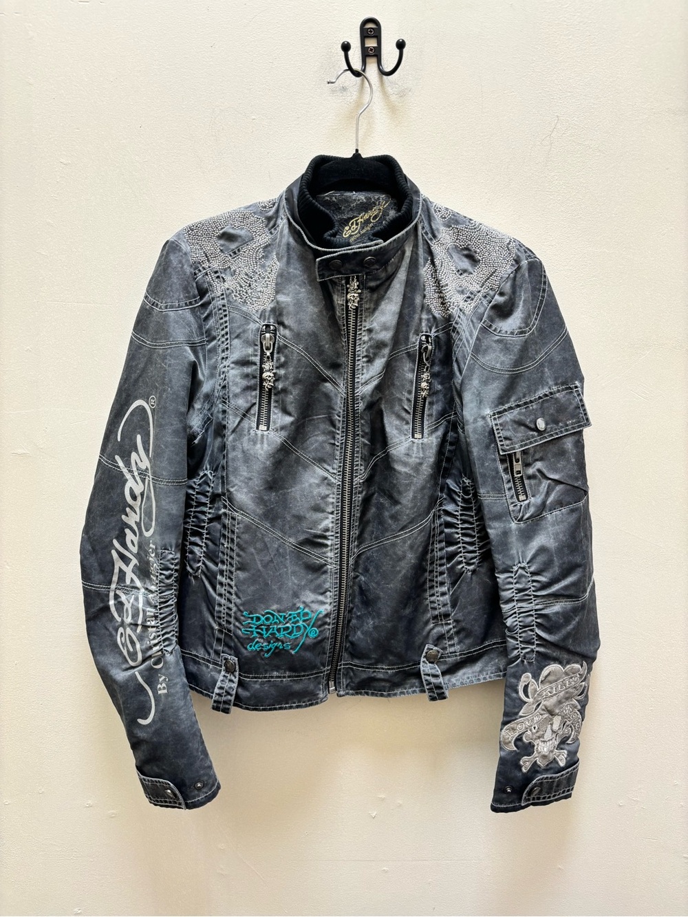Ed Hardy Christian Audiger Moto Jacket Sze L-Very Good Condition-pocket holes